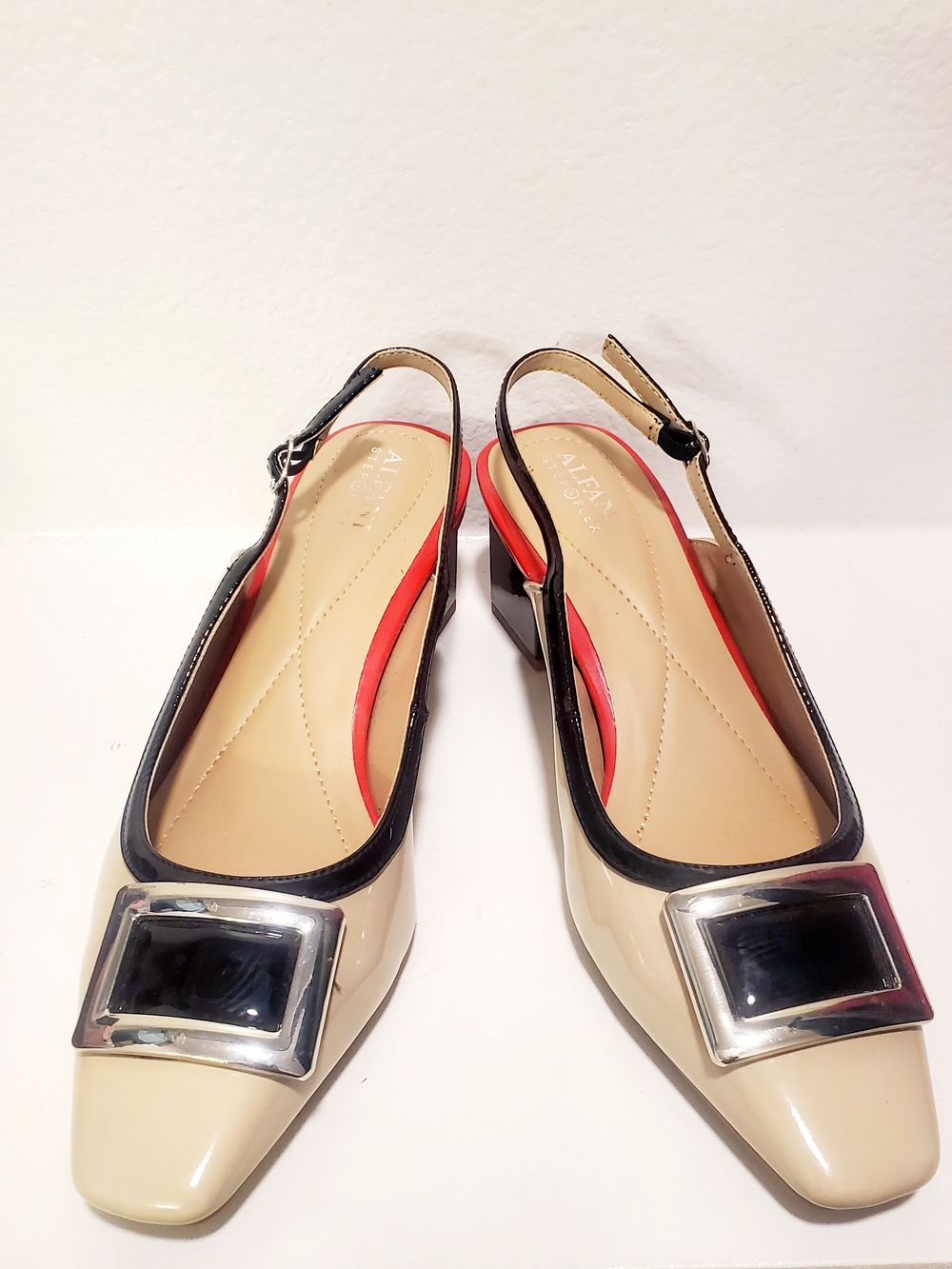 NWOB Alfani Beige and Black Slingback Mules with Silver Buckle, Women's Size 8.5